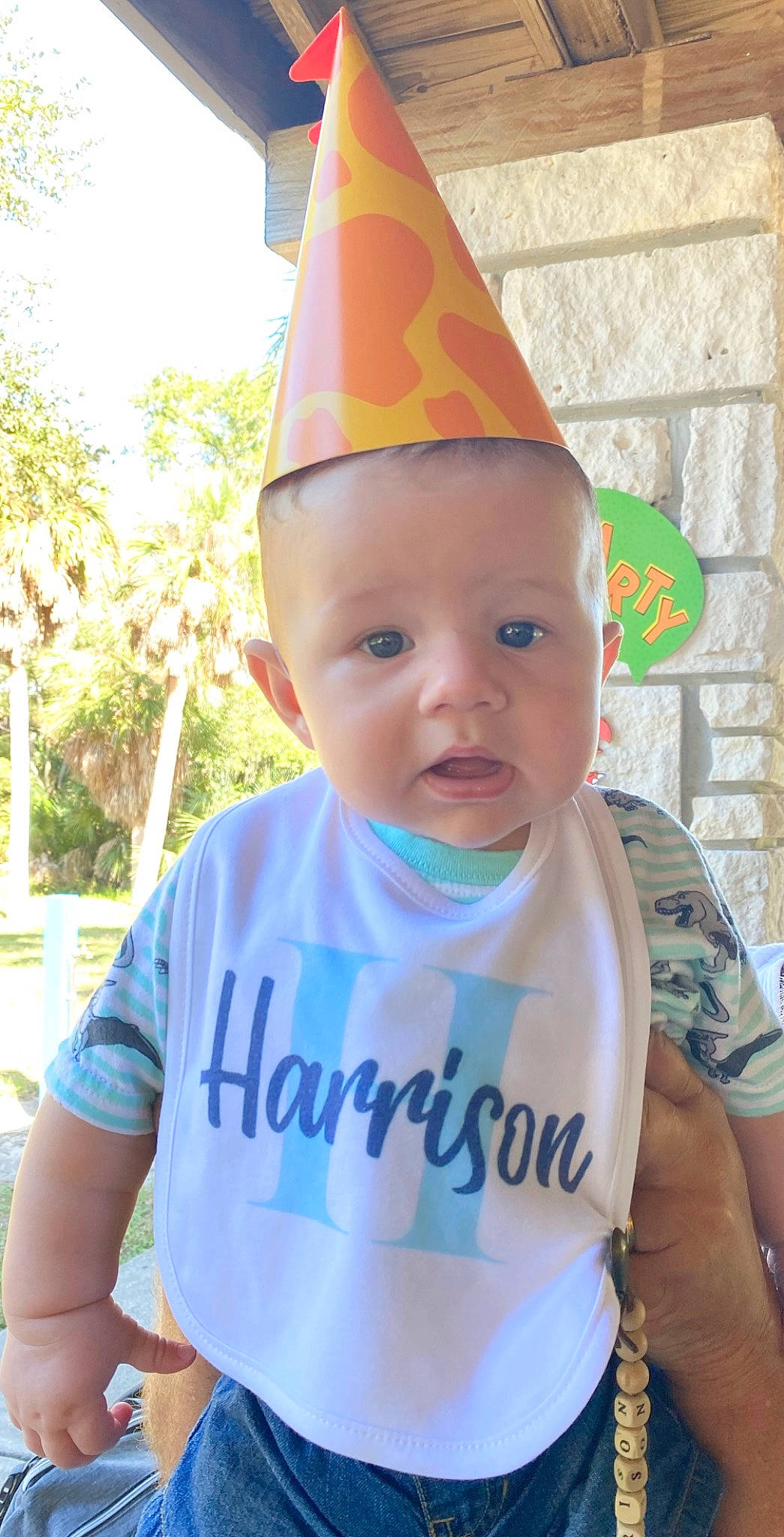 Harrison is registered to the contest to win money with this photo: baby, baby_toddler_clothing, cap, child, cone, costume_hat, fun, happy, headgear, leisure, party_hat, party_supply, person, pink, plant, recreation, sleeve, summer, t_shirt, toddler