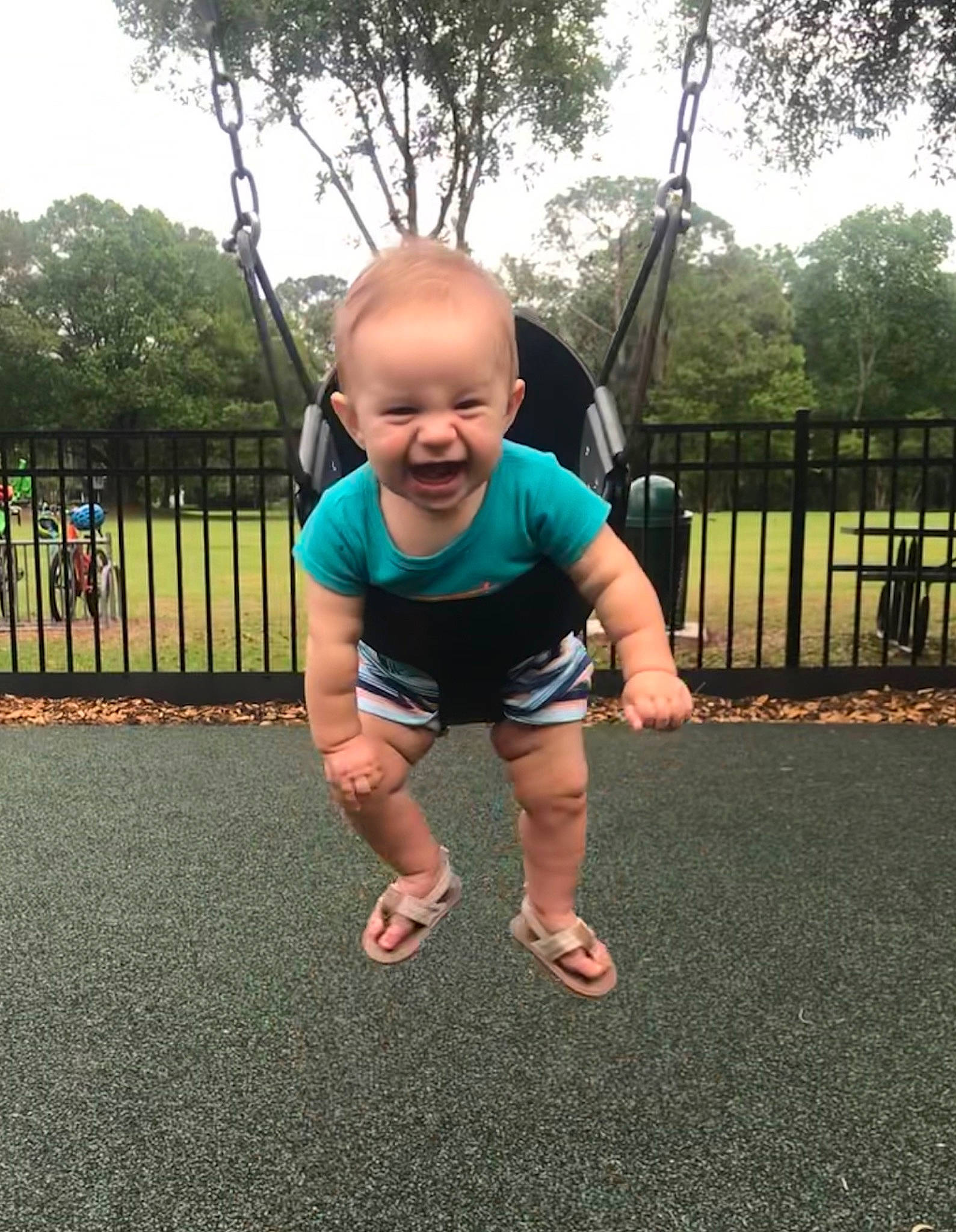Harrison is registered to the contest to win money with this photo: arm, asphalt, baby, baby_toddler_clothing, city, fence, fun, grass, happy, leisure, people_in_nature, person, plant, playground, recreation, sky, sleeve, smile, t_shirt, toddler