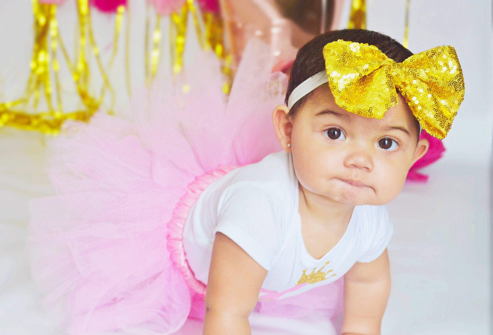Anyah joined the competition — help win amazing prizes! baby, child, child_model, clothing, costume, costume_accessory, fashion_accessory, hair_accessory, happy, headband, headgear, headpiece, person, photography, pink, toddler, yellow