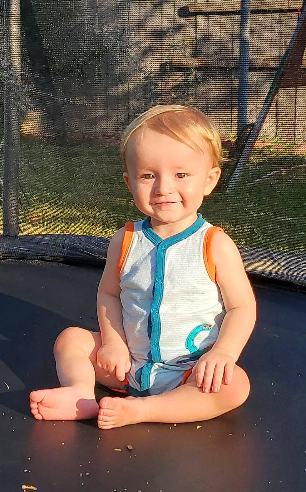 Karter joined the competition — help win amazing prizes! baby, baby_toddler_clothing, barefoot, child, electric_blue, eye, flash_photography, foot, fun, grass, happy, joy, leisure, person, plant, play, recreation, sitting, skin, smile