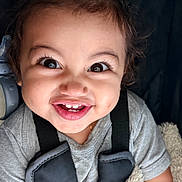 Eithan Milan is registered to the contest to win money with this photo: baby, baby_carrier, blanket, child, closeup, cute, expression, eyes, face, funny_face, gray_shirt, happy, indoor, infant, person, portrait, smiling, teeth, toddler, young_child