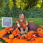 Amelia joined the competition — help win amazing prizes! baby, infant, child, smiling, outdoor, autumn, halloween, pumpkin, flowers, orange, costume, headband, sitting, portrait, garden, grass, letter_board, seasonal_decor, blanket, happy