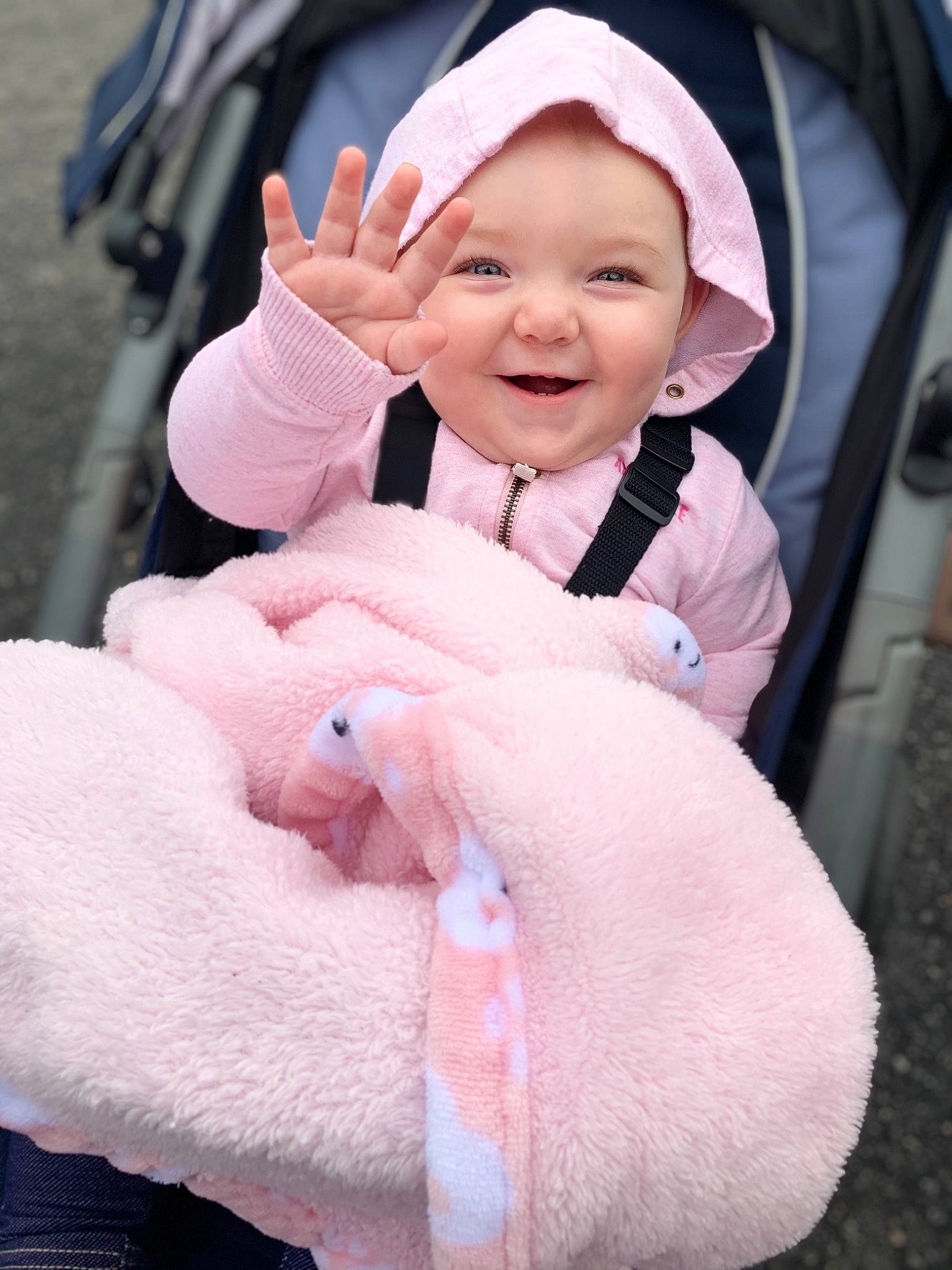 Camryn is registered to the contest to win money with this photo: baby, baby_products, baby_toddler_clothing, cheek, child, facial_expression, finger, happy, headwear, joy, laugh, mouth, nose, person, pink, pleased, plush, product, stuffed_toy, textile