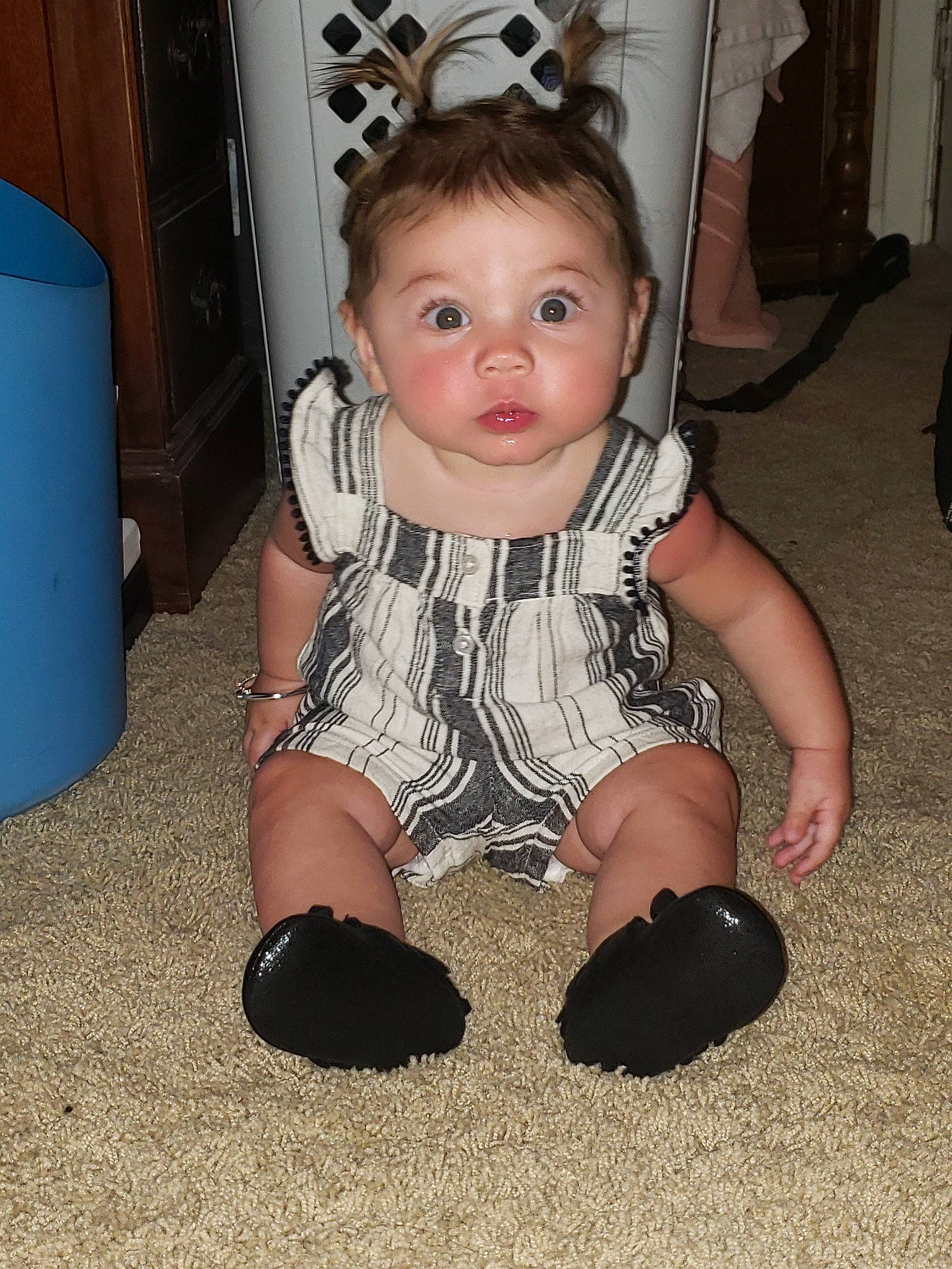 Olivia Grace joined the competition — help win amazing prizes! arm, baby_toddler_clothing, cheek, child, footwear, leg, person, shoe, sitting, toddler