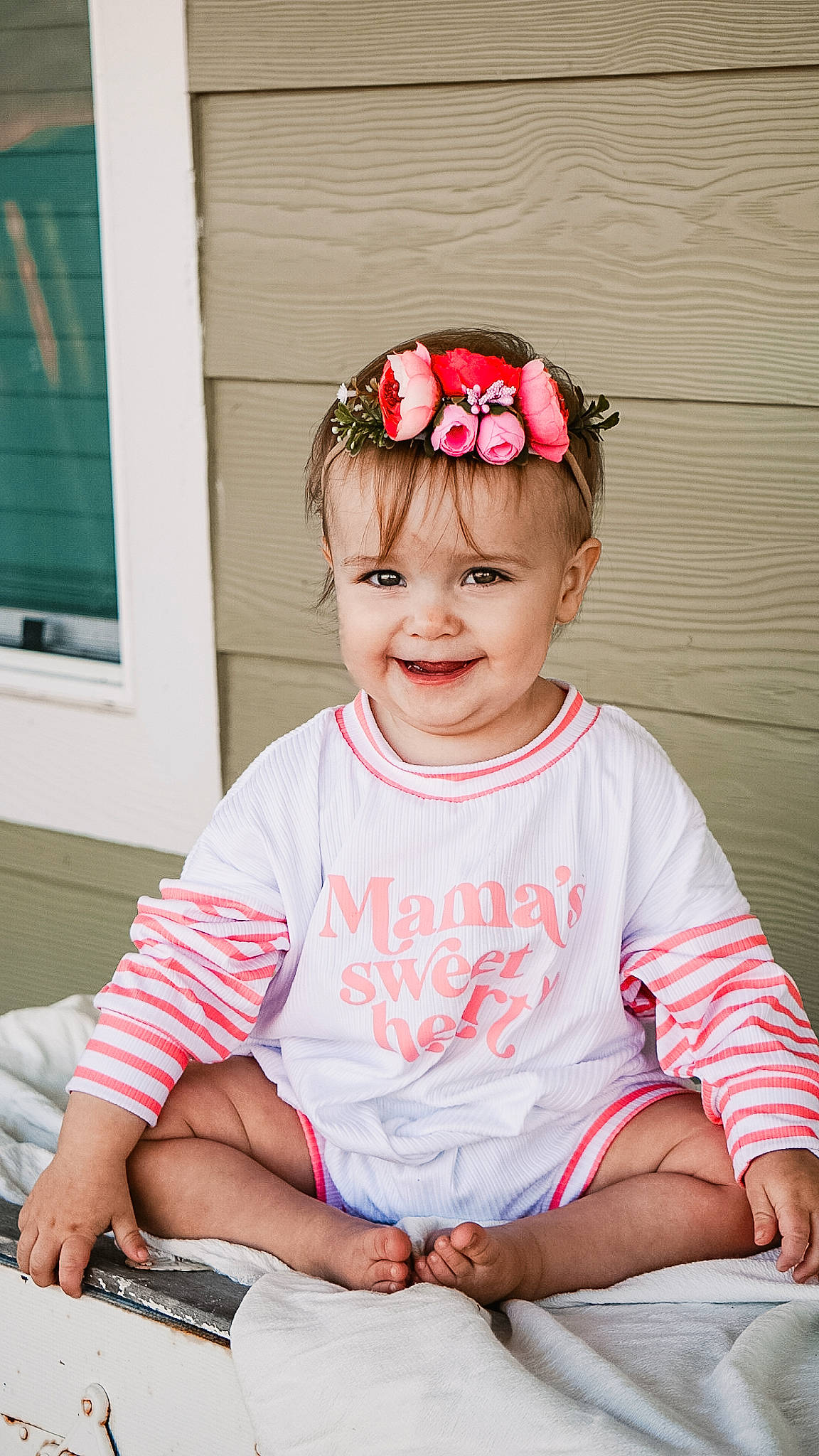 Reagan joined the competition — help win amazing prizes! baby, baby_toddler_clothing, cap, cheek, child, dress, eye, happy, headband, jewellery, joy, lip, magenta, pattern, person, pink, skin, sleeve, smile, t_shirt