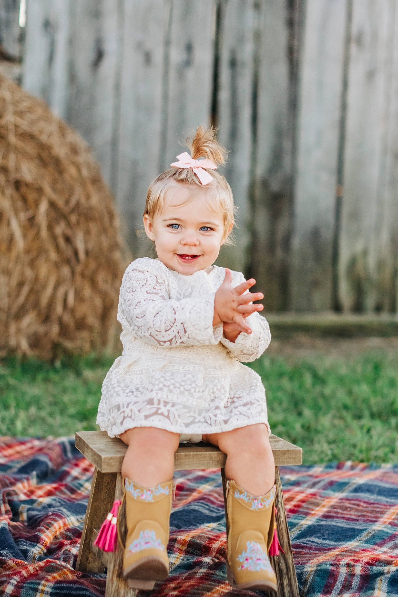 Hunter joined the competition — help win amazing prizes! baby, blond, boot, child, child_model, dress, footwear, grass, happy, joy, peach, people, person, photograph, photography, play, portrait, portrait_photography, shoe, sitting