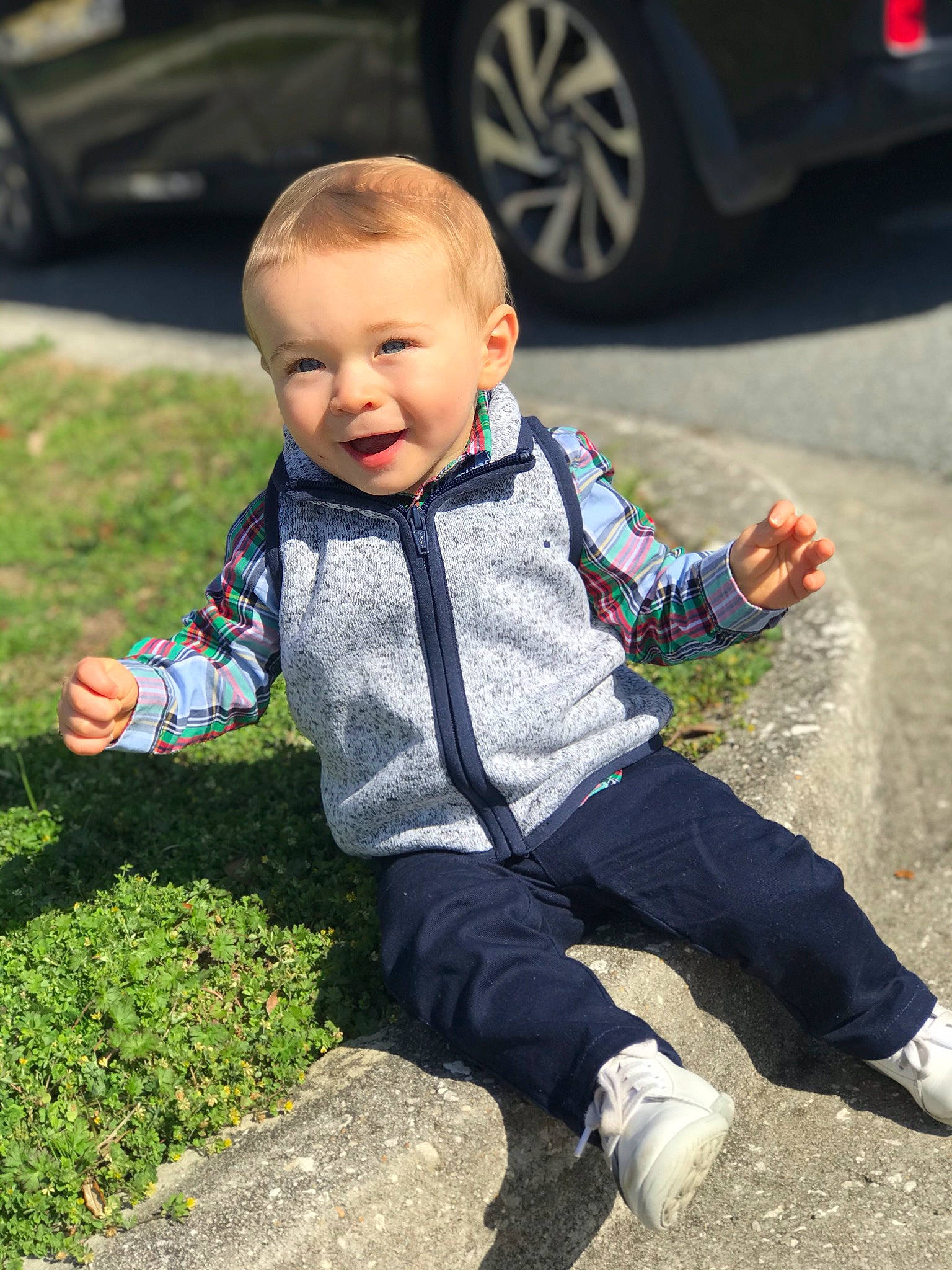 Brendan joined the competition — help win amazing prizes! baby, cheek, child, cool, fun, grass, jacket, leisure, outerwear, people, person, photography, plant, play, sitting, t_shirt, toddler, vacation, vehicle