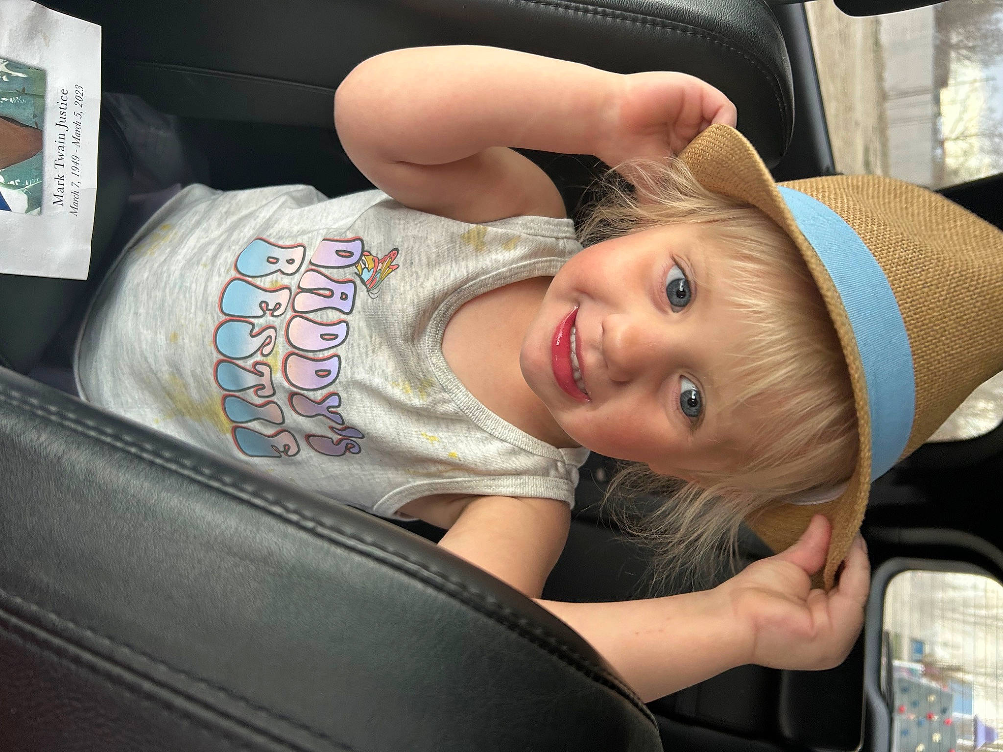 Jordyn is registered to the contest to win money with this photo: auto_part, automotive_design, automotive_exterior, baby_products, bumper, car_seat, chest, child, comfort, elbow, family_car, fun, happy, human_leg, joy, luxury_vehicle, motor_vehicle, person, sitting, smile
