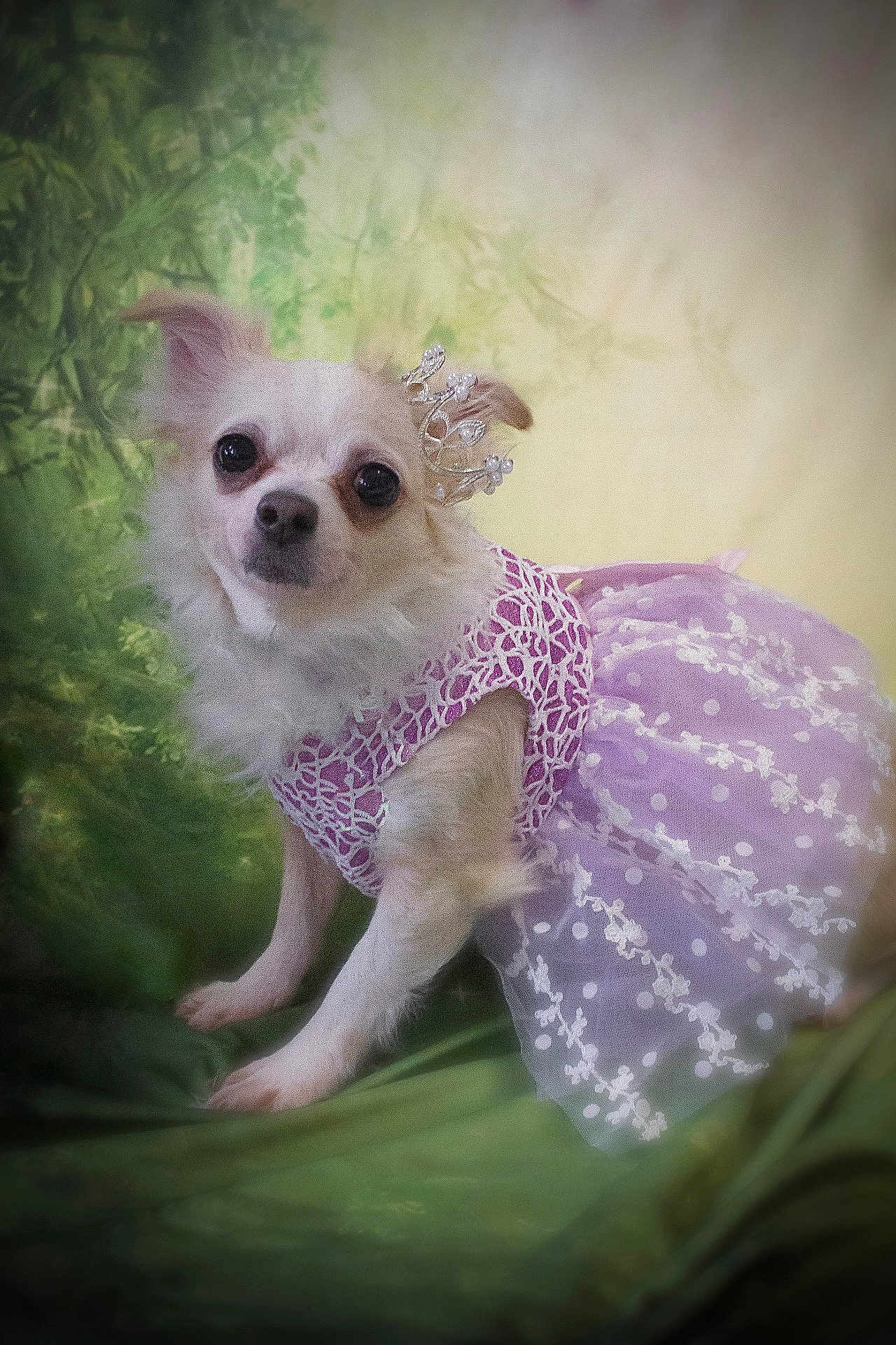 She-ra is registered to the contest to win money with this photo: dog, chihuahua, small_dog, pet, costume, dress, purple_dress, lace, tiara, crown, white_fur, portrait, studio_backdrop, cute, big_eyes, sitting, looking_at_camera, floral_backdrop, adorable, domestic_animal