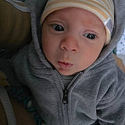 Kylian is registered to the contest to win money with this photo: baby, beanie, bundle, casual, child, closeup, clothing, cute, expression, eyes, face, fashion, headwear, hoodie, infant, person, portrait, skin, warm, young