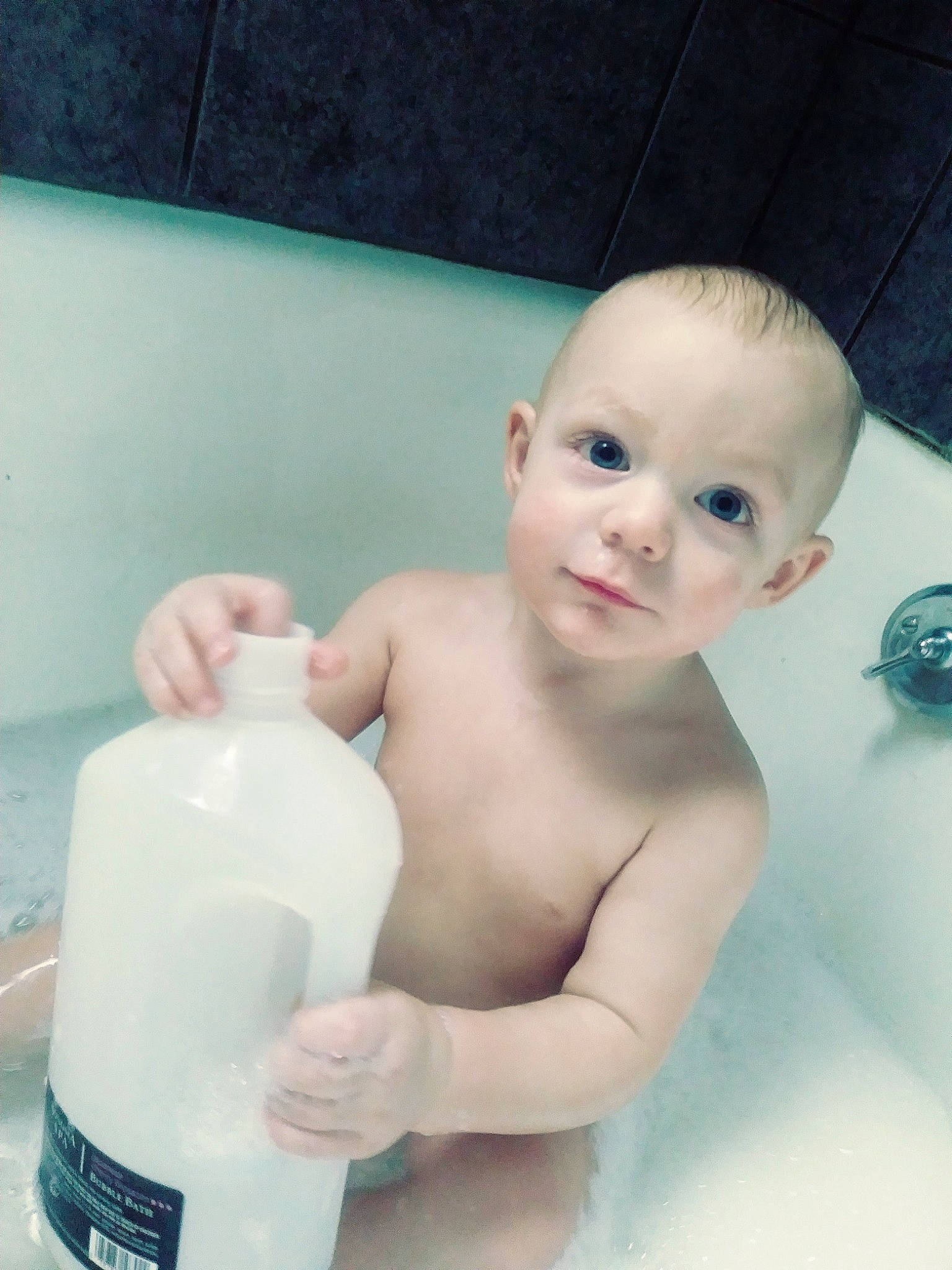 Samual joined the competition — help win amazing prizes! baby, baby_bathing, bathing, bathroom, bathtub, chest, child, eyelash, fluid, gas, household_supply, joint, liquid, person, personal_care, plastic_bottle, plumbing, plumbing_fixture, skin, toddler