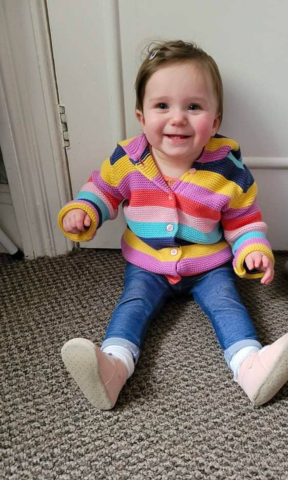 Harriet joined the competition — help win amazing prizes! baby_toddler_clothing, cheek, child, eye, face, floor, flooring, hair, hand, happy, head, human_body, iris, jeans, joy, nose, person, sleeve, smile, sock