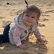 Sasha participe au concours pour gagner de l'argent avec cette photo : baby, beach, child, crawling, cute, footprints, hair_tuft, hands, ocean, outdoors, playful, portrait, sand, sky, smile, striped_shirt, sunlight, toddler, vest, waves