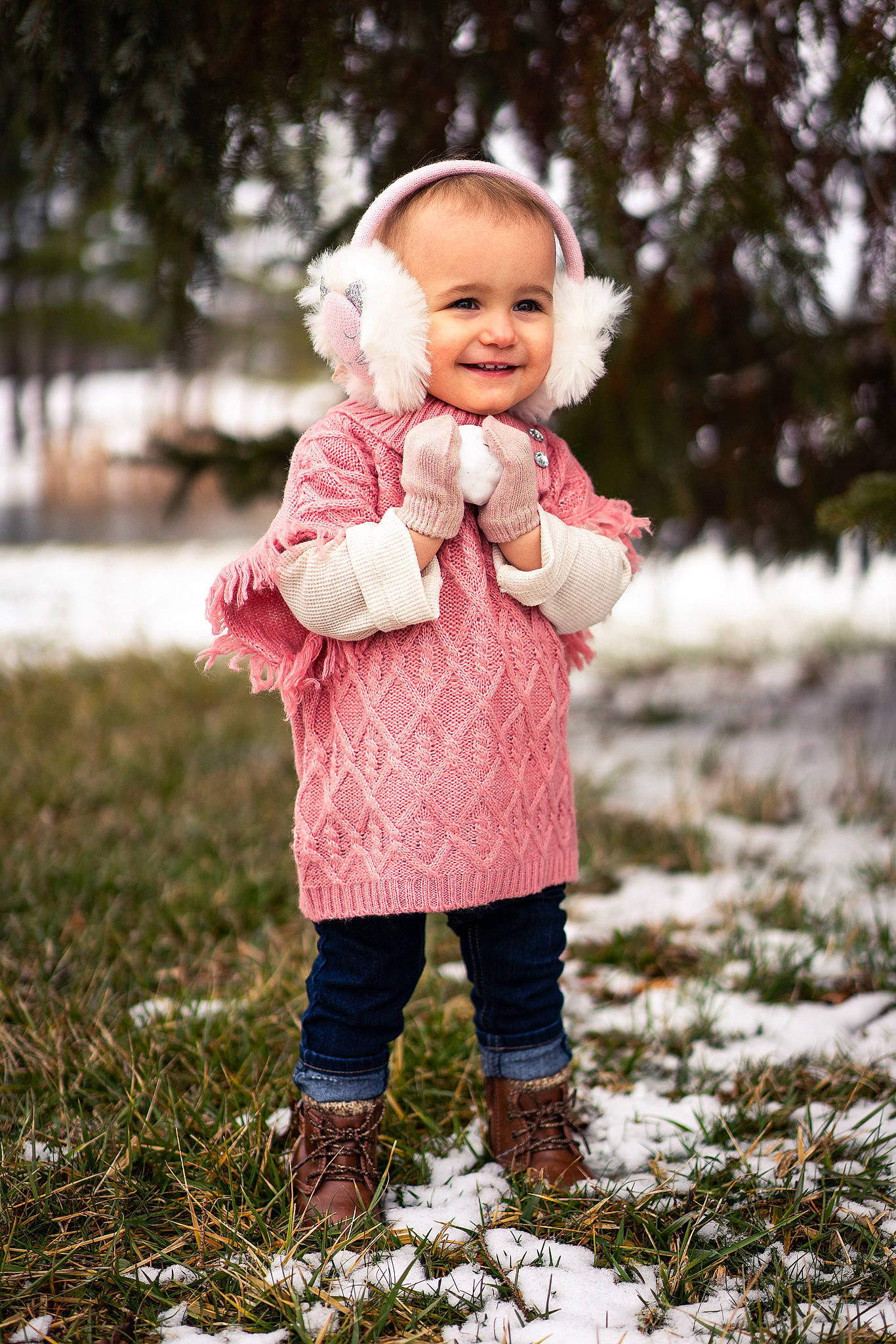 Maelee is registered to the contest to win money with this photo: baby, cheek, child, freezing, fur, happy, joy, outerwear, people, person, photograph, photography, pink, play, playing_in_the_snow, portrait_photography, skin, snow, sweater, toddler
