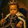 baby, child, portrait, royalty, crown, throne, scepter, king, costume, velvet, fur_trim, ornate, gold, jewelry, seated, serious, face, indoor, fantasy, painting