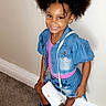 Deasia joined the competition — help win amazing prizes! child, girl, smiling, portrait, fashion, denim, jacket, shorts, purse, handbag, hair_bows, curly_hair, braids, standing, indoors, carpet, wall, casual_clothing, boots, happy