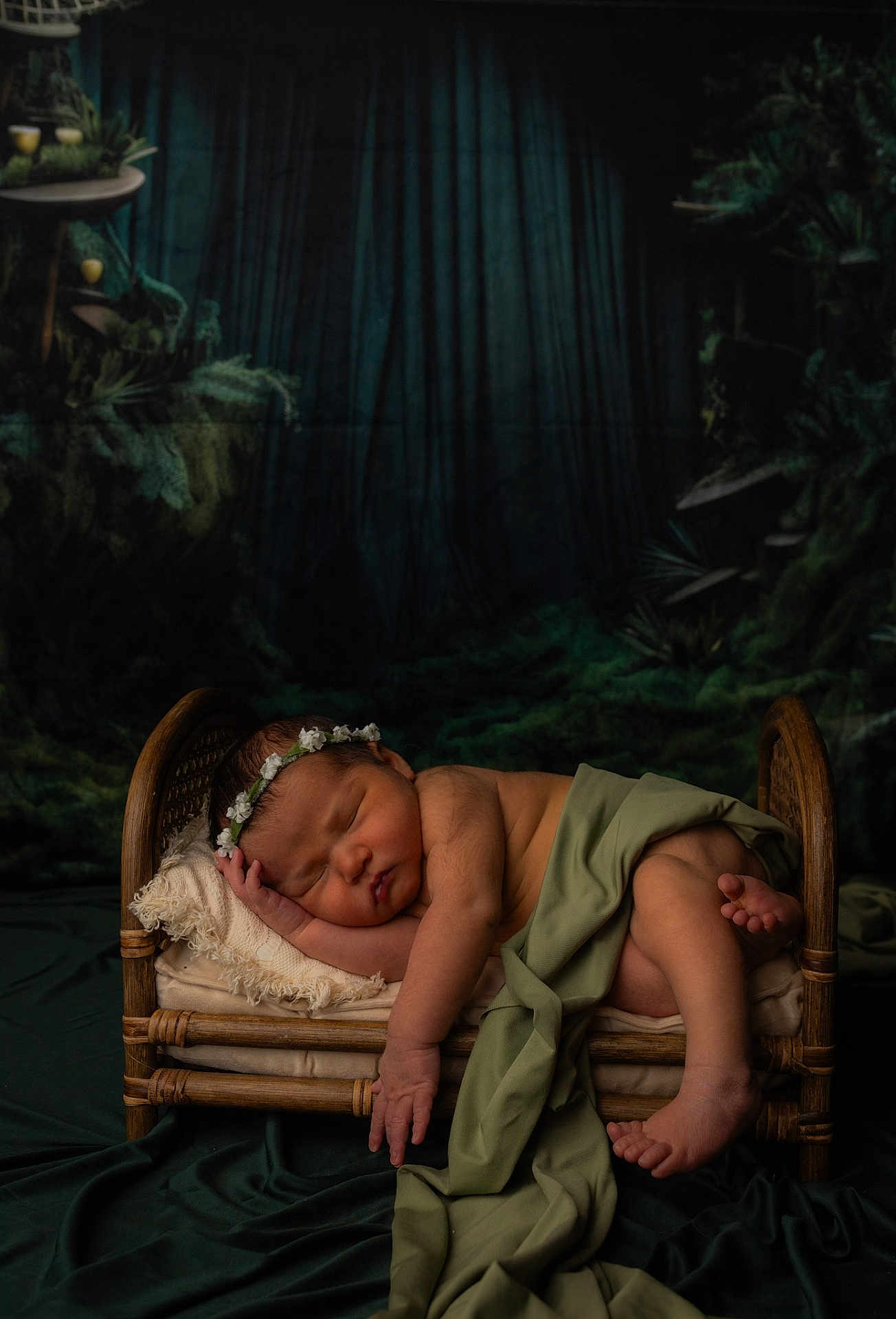 Blesslyn is registered to the contest to win money with this photo: newborn, baby, sleeping, flower_crown, bed, blanket, green_cloth, infant, peaceful, portrait, wooden_bed, dark_background, forest_theme, cozy, cute, resting, soft_lighting, indoor, child, toddler