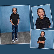Brayden is registered to the contest to win money with this photo: child, kid, school_portrait, collage, studio, blue_background, braids, smile, sneakers, jeans, black_tshirt, standing, crossed_arms, portrait, framed_photo, wooden_floor, happy, young_person, backdrop, photography