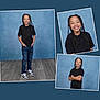 child, kid, school_portrait, collage, studio, blue_background, braids, smile, sneakers, jeans, black_tshirt, standing, crossed_arms, portrait, framed_photo, wooden_floor, happy, young_person, backdrop, photography