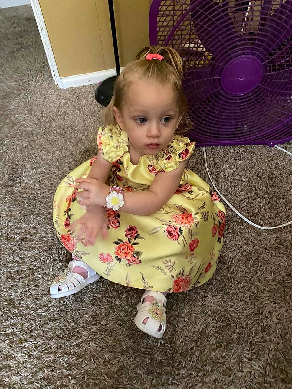 Laiah joined the competition — help win amazing prizes! baby, baby_products, baby_toddler_clothing, child, costume, event, fashion_accessory, flooring, fun, grass, happy, headpiece, magenta, mechanical_fan, pattern, person, pink, sandal, sitting, sock
