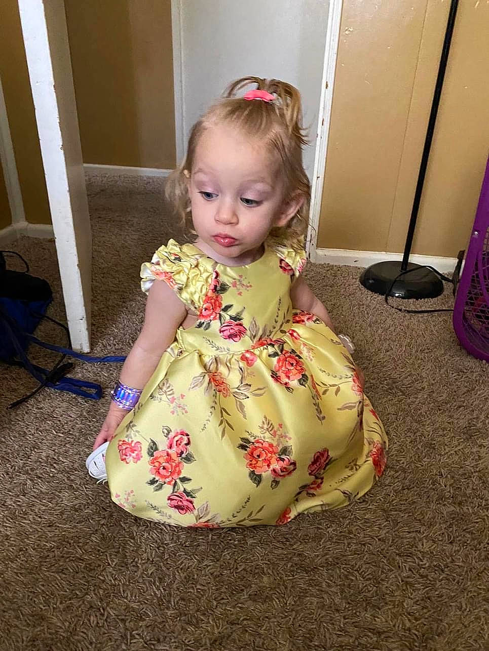 Laiah joined the competition — help win amazing prizes! baby, baby_toddler_clothing, cheek, child, day_dress, dress, face, floor, flooring, hair, head, iris, magenta, mammal, one_piece_garment, person, pink, sitting, sleeve, standing