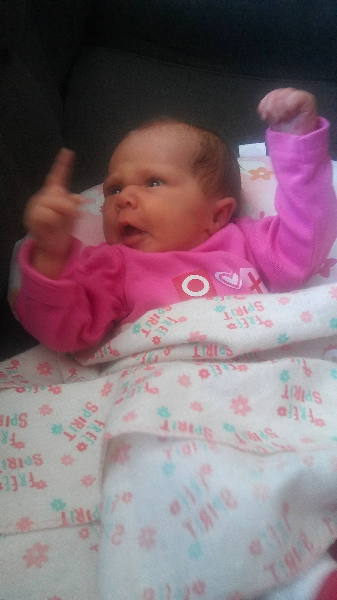 Abriella joined the competition — help win amazing prizes! baby, bed, bedtime, cheek, child, eye, finger, lip, mouth, person, pink, product, skin, textile, toddler