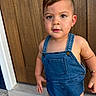toddler, child, denim_overalls, standing, door, wood, curious, face, skin, eyes, hair, outdoor, footwear_absent, expression, person, clothing, arm, hand, bracelet, young