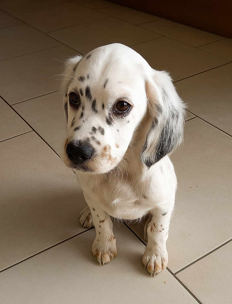 Olaf participe au concours pour gagner de l'argent avec cette photo : puppy, dog, spotted, white_fur, brown_spots, sitting, floor, tile_floor, pet, animal, cute, young_dog, indoor, looking_up, adorable, fur, ears, whiskers, nose, brown_eyes