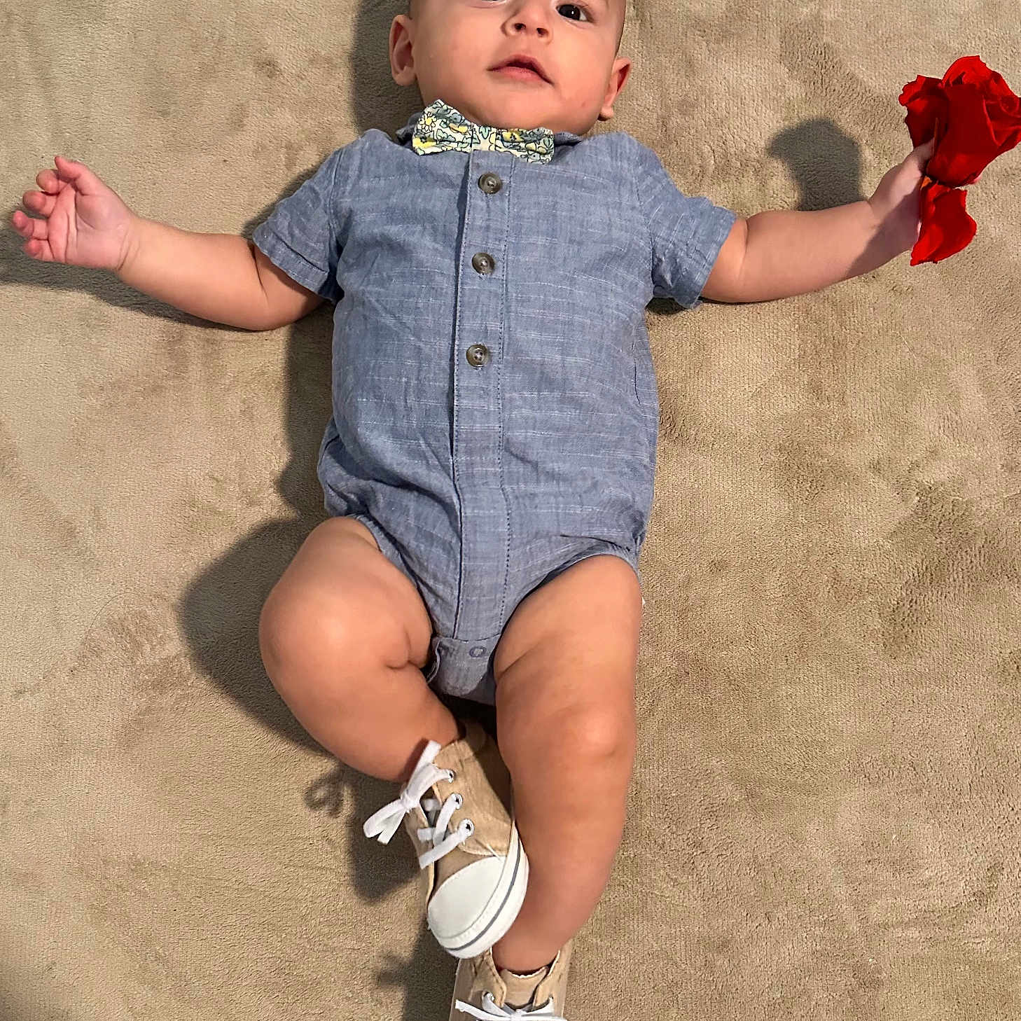 Thiag joined the competition — help win amazing prizes! baby, bow_tie, carpet, child, cute, expression, eyes, face, floor, footwear, hand, indoor, infant, lying_down, romper, rose_petals, shoes, skin, small_toys, young