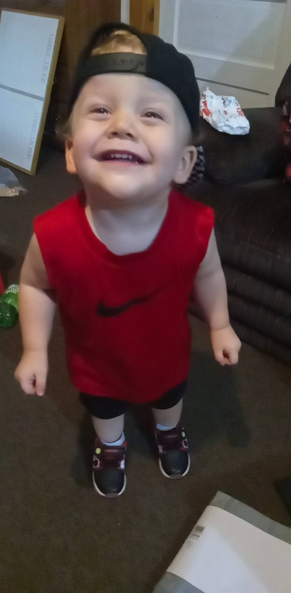 Zander joined the competition — help win amazing prizes! baby, baby_toddler_clothing, cheek, child, chin, flooring, fun, happy, headwear, human_leg, joy, lip, mouth, person, shorts, skin, sleeve, smile, sock, standing