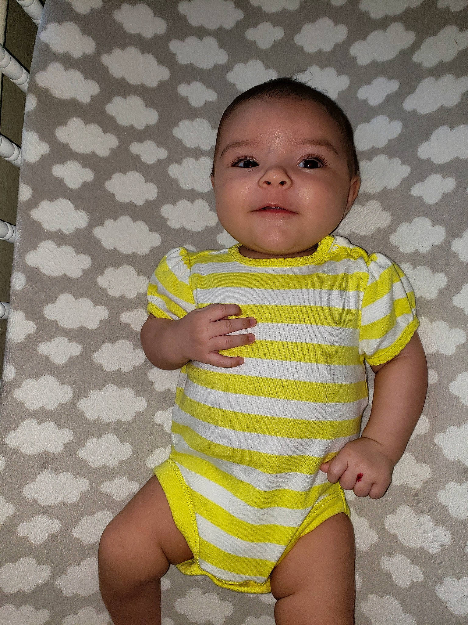 Hinson is registered to the contest to win money with this photo: baby, baby_products, baby_toddler_clothing, child, leg, person, product, skin, smile, thigh, toddler, yellow