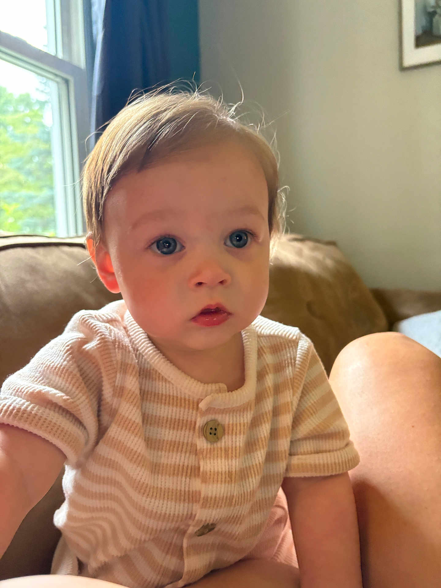 Frankie is registered to the contest to win money with this photo: toddler, child, indoor, couch, window, natural_light, striped_clothing, curious, blue_eyes, soft_light, face, person, young_child, cozy, seated, buttoned_shirt, skin, hair, home, portrait