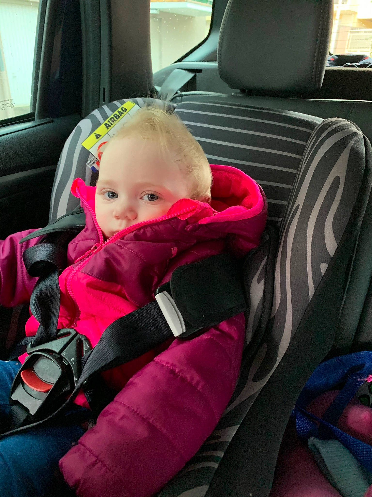 Loana participe au concours pour gagner de l'argent avec cette photo : auto_part, baby_in_car_seat, car, car_seat, car_seat_cover, child, head_restraint, person, seat_belt, toddler, vehicle