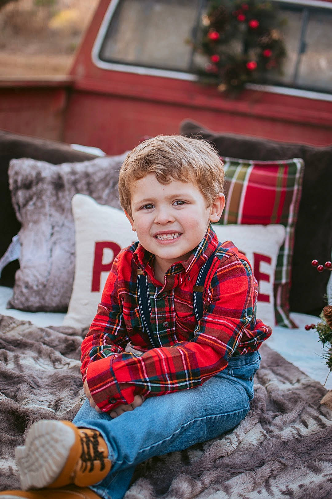 Archer joined the competition — help win amazing prizes! child, christmas, design, event, grass, happy, jeans, joy, leisure, pattern, person, photograph, plaid, red, sitting, sleeve, smile, tartan, textile, toddler