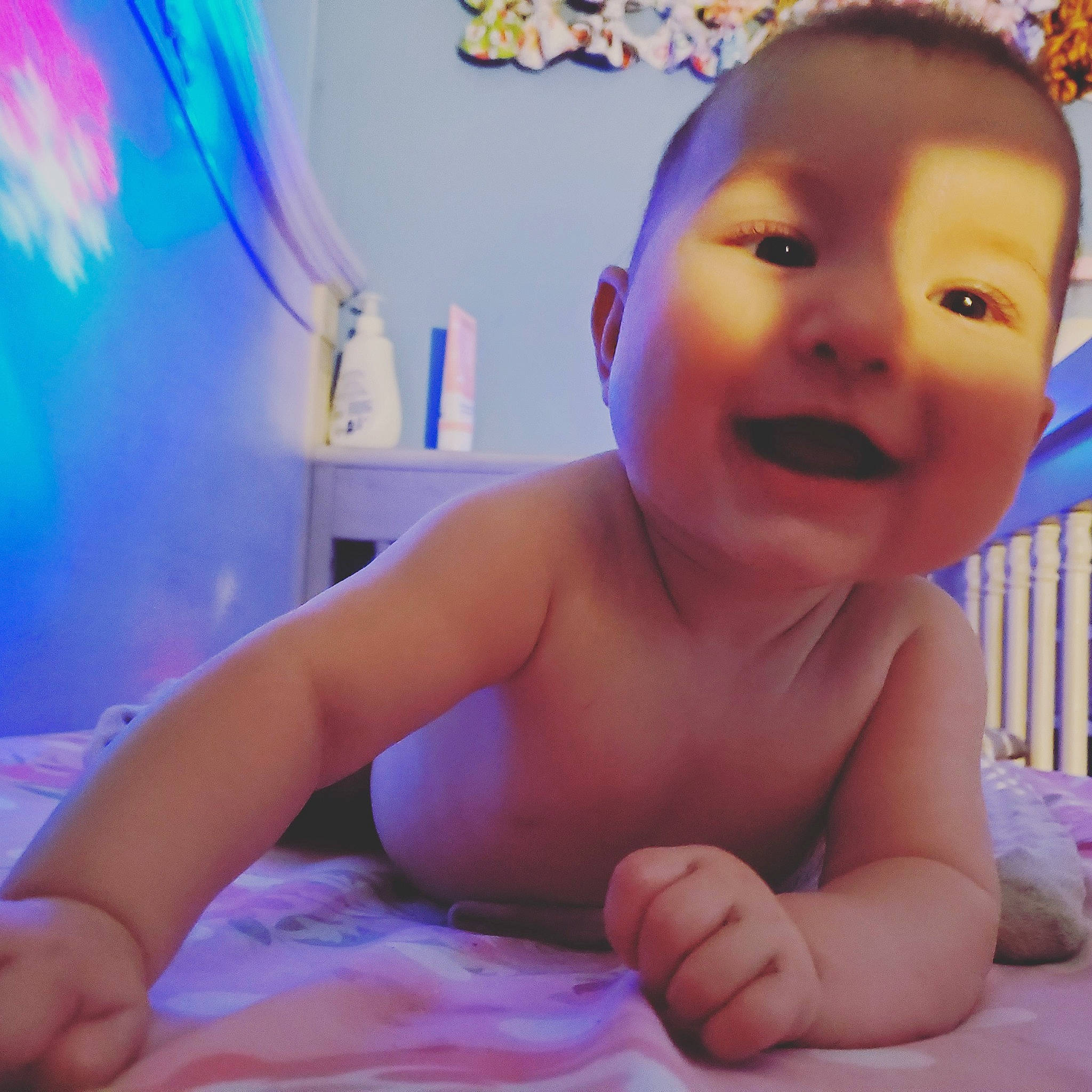 Rosalie joined the competition — help win amazing prizes! arm, baby, baby_laughing, baby_toddler_clothing, blue, cheek, eyebrow, finger, gesture, happy, iris, lip, mouth, muscle, nose, person, pink, skin, smile, thumb