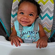 Amir is registered to the contest to win money with this photo: toddler, child, smiling, high_chair, baby, curly_hair, blue_shirt, seatbelt, indoor, person, cute, happy, hands, face, portrait, feeding, colorful, patterned_background, baby_gear, infant