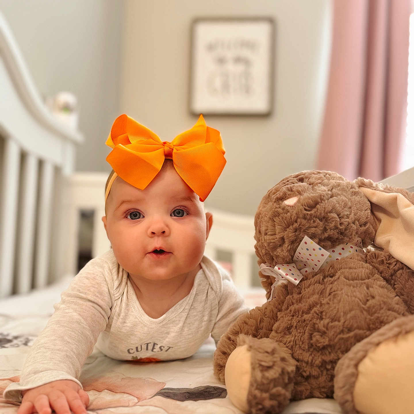 Scarlett joined the competition — help win amazing prizes! baby, clothing, crawling, crib, cushion, face, furniture, hat, head, homedecor, indoors, infantbed, nursery, person, photography, plush, portrait, room, teddybear, toy