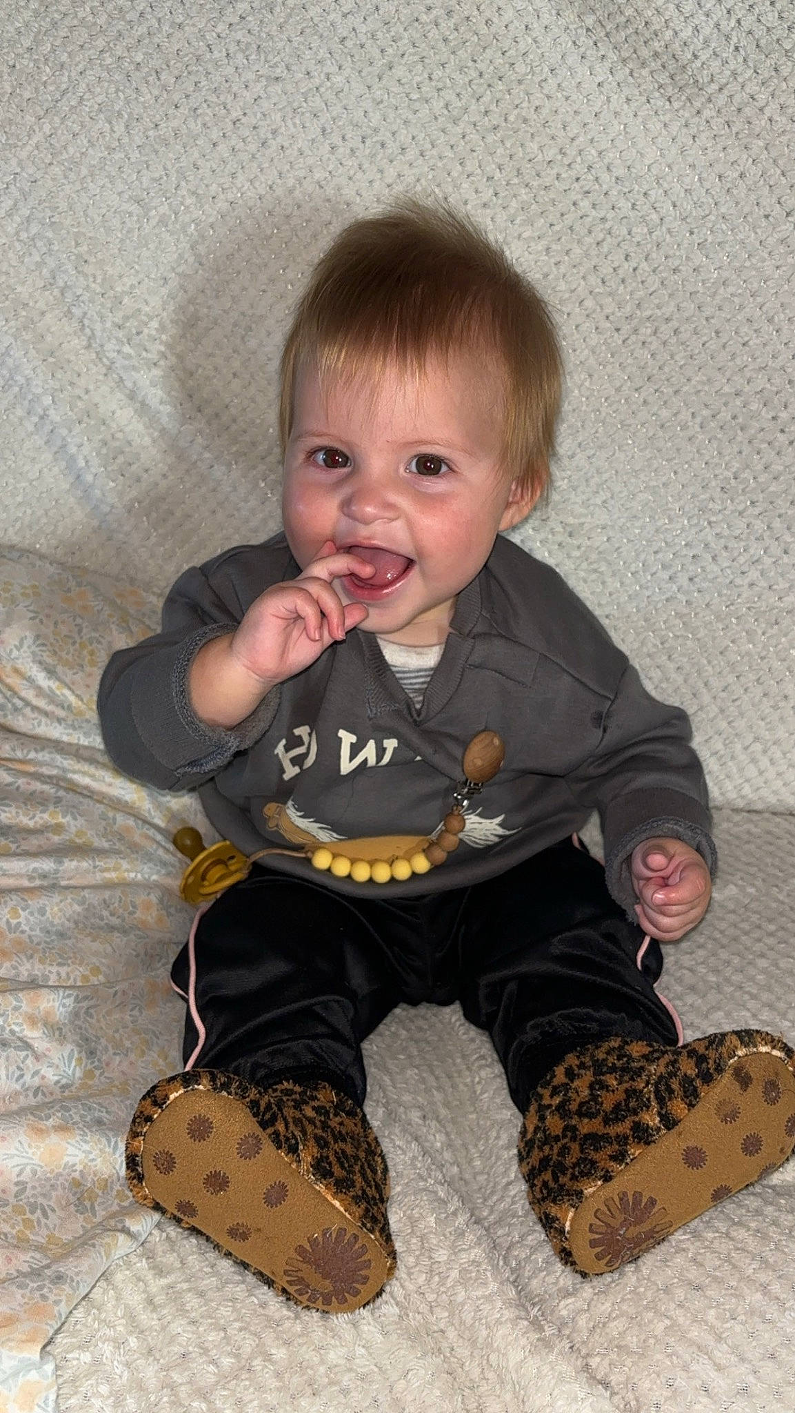 Esme joined the competition — help win amazing prizes! baby, baby_products, baby_toddler_clothing, chair, cheek, child, eye, flooring, fun, human_body, iris, leg, pattern, person, sitting, sleeve, smile, sock, t_shirt, toddler