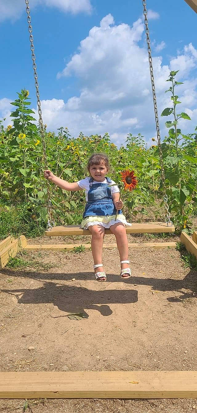 Madalynn is registered to the contest to win money with this photo: agriculture, botany, cloud, flower, fun, grass, happy, landscape, leaf, leisure, people_in_nature, person, plant, rural_area, shorts, sky, soil, summer, toddler, travel