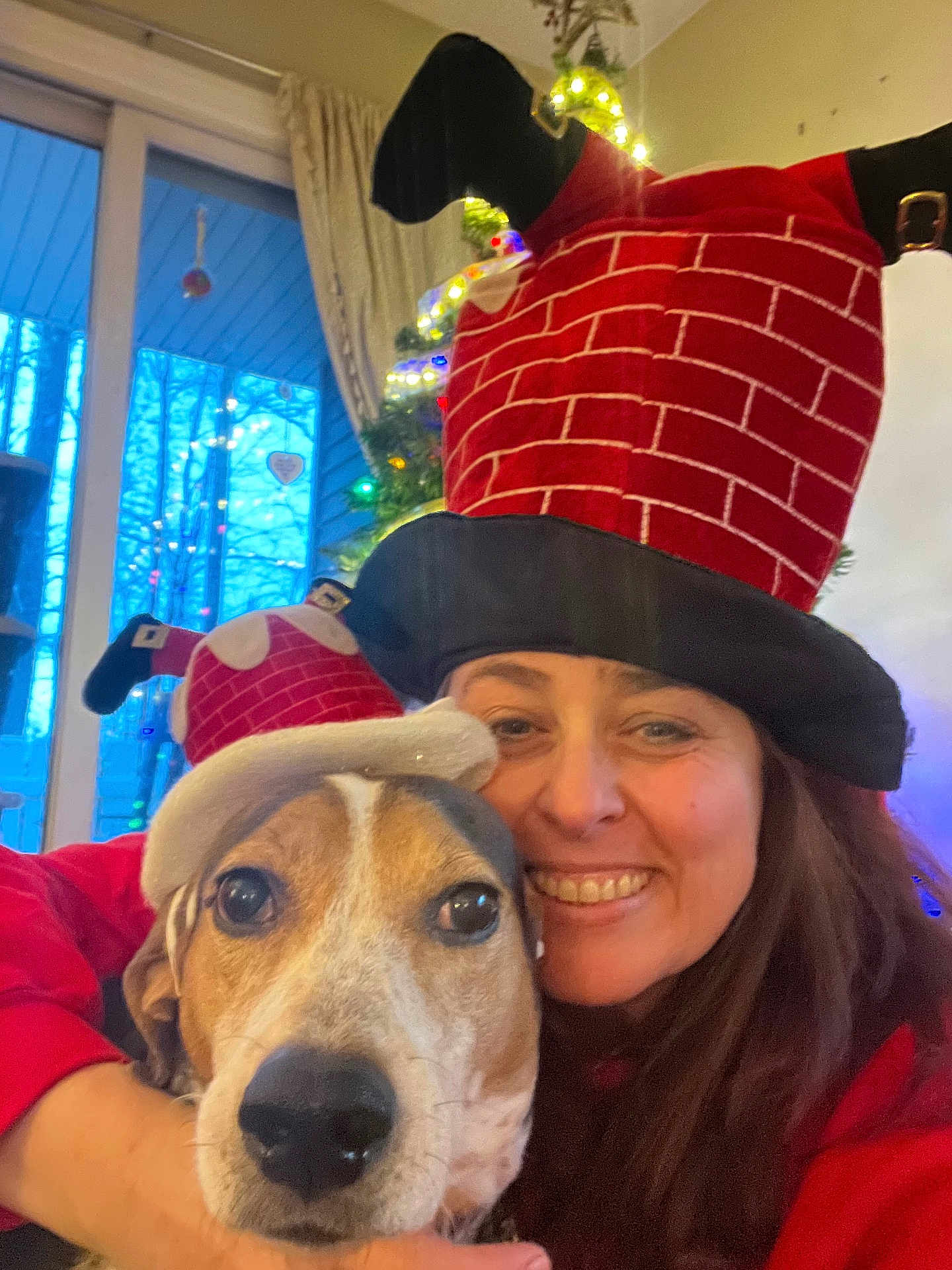 Blue Angel is registered to the contest to win money with this photo: woman, dog, christmas_hat, holiday, indoor, smile, pet, festive, tree, lights, decorations, red_clothing, face, closeup, hug, cheerful, window, curtains, seasonal, funny_hat