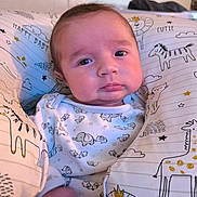 Colson is registered to the contest to win money with this photo: baby, infant, face, portrait, blanket, pillow, onesie, animal_print, giraffe, lion, zebra, eyes, hand, bedding, nursery, cute, sleepy, indoor, photography, watermark