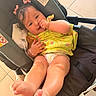 Faith is registered to the contest to win money with this photo: baby, bracelet, child, cute, diaper, floor_tiles, foot, hair_bows, happy, indoor, infant, legs, person, plush_toy, seated, smiling, stroller, thumb_sucking, warning_label, yellow_dress