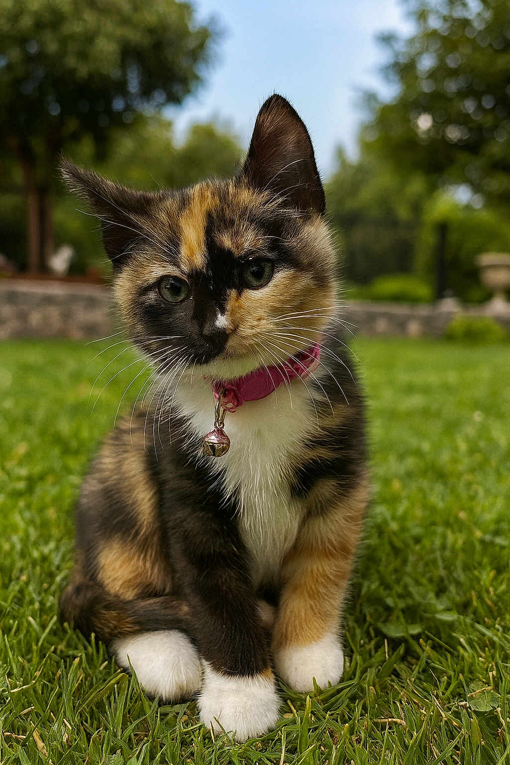 Penny is registered to the contest to win money with this photo: kitten, cat, calico, grass, outdoor, pet, collar, bell, cute, animal, feline, young, nature, greenery, portrait, whiskers, ears, paws, curious, sitting