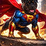 Titan participe au concours pour gagner de l'argent avec cette photo : action_pose, animal_costume, blue_suit, cape, cityscape, cracked_rooftop, dog, dramatic_lighting, embers, fantasy, fire, heroic, muscular, portrait, red_cape, rottweiler, smiling, superhero, urban, vibrant_colors