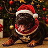 Titan a rejoint le concours — aidez-le/la à gagner de superbes lots ! animal, brown, celebration, christmas_tree, cute, decorations, dog, festive, gift_box, green, happy, holiday, indoors, lying_down, pet, red, santa_hat, smiling, tongue_out, winter