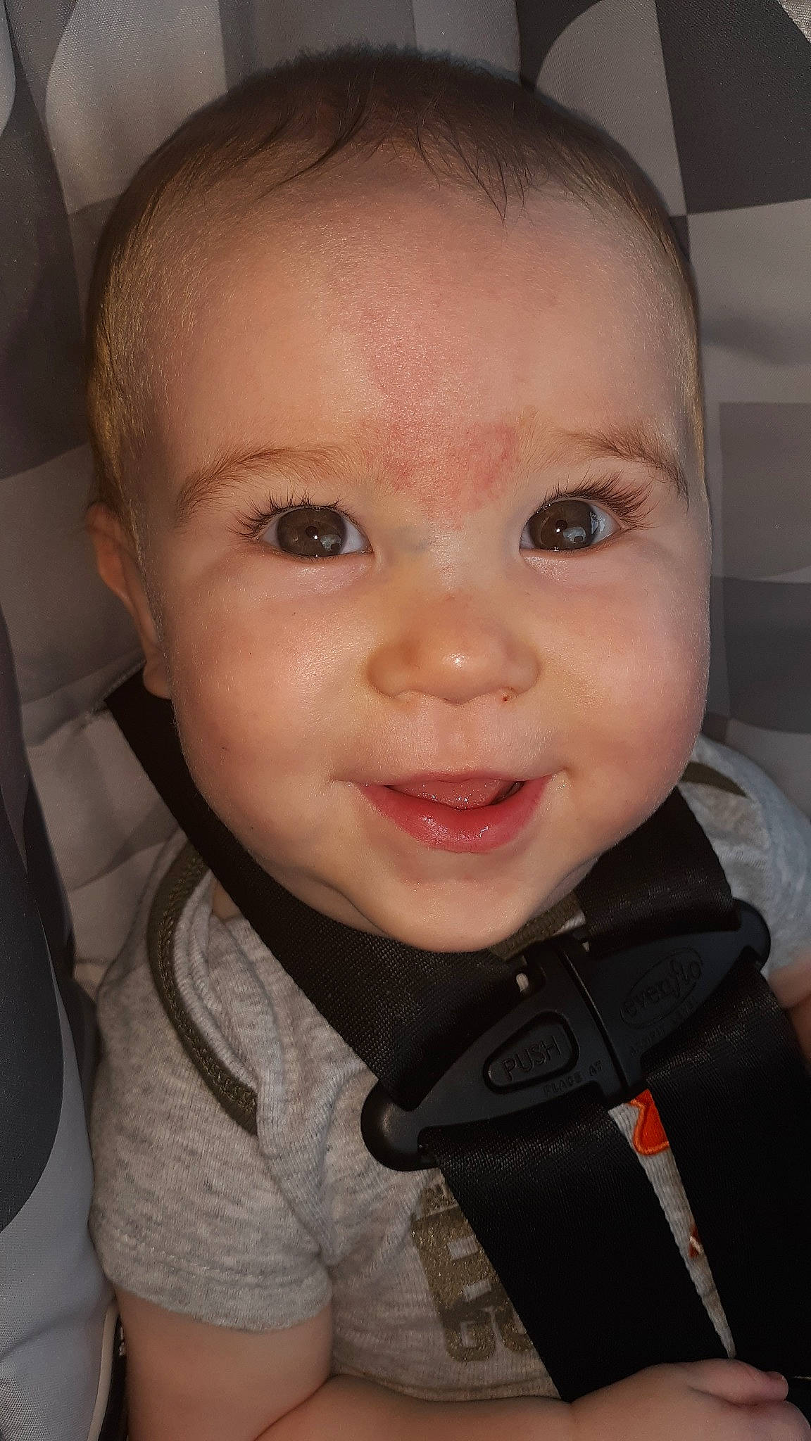 Greyson is registered to the contest to win money with this photo: baby, cheek, child, chin, close_up, ear, eye, eyebrow, face, facial_expression, forehead, head, jaw, lip, mouth, nose, organ, person, skin, smile