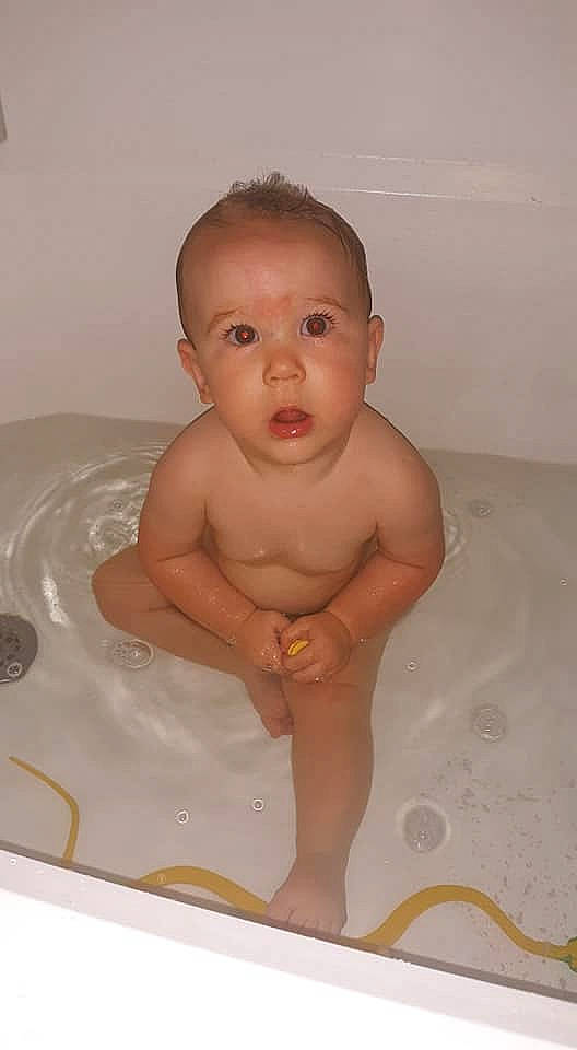 Greyson joined the competition — help win amazing prizes! baby, baby_bathing, bathing, bathtub, child, face, head, person, plumbing_fixture, product, skin, stomach, toddler