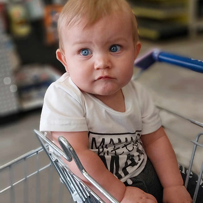 Gabriel is registered to the contest to win money with this photo: aisle, baby, blue_eyes, casual_clothing, child, cute, hands, indoor, legs, metal_cart, person, portrait, retail, serious_expression, shopping, shopping_cart, store, toddler, white_shirt, young_child
