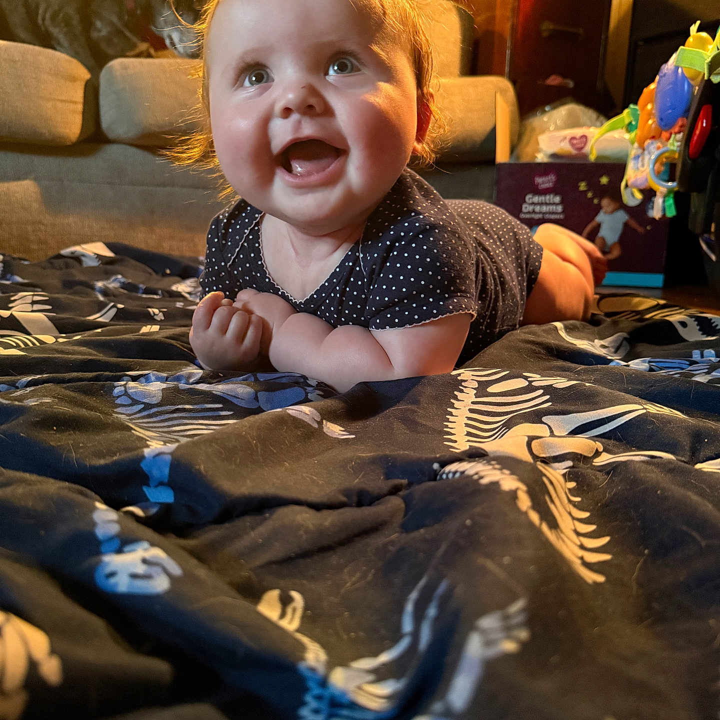 Nikkyta joined the competition — help win amazing prizes! baby, blanket, child, clothing, colorful, couch, cute, dinosaur_pattern, dog, face, furniture, happy, home, indoor, infant, living_room, person, portrait, smiling, toy