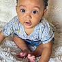 baby, child, infant, cute, crawling, gray_shirt, denim_shorts, fluffy_blanket, indoor, portrait, wide_eyes, curly_hair, skin, hands, feet, expression, looking_at_camera, toddler, young_child, soft_texture
